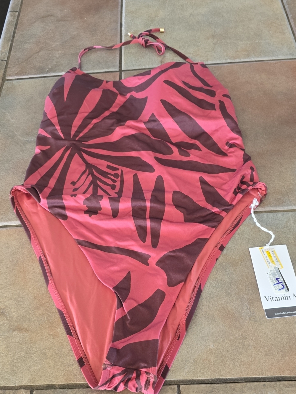 Vitamin A Coral Pink and Brown Floral One-Piece Swimsuit Sz Xl Nwt
